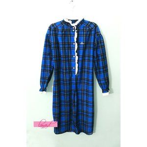 Jordache Blue Plaid Henley Button-Up Lace Eyelet Crochet Long Sleeve Midi Dress